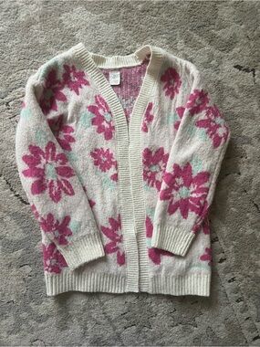 Cream Floral Open-Front Kids Cardigan Sweater with Pink Flowers
